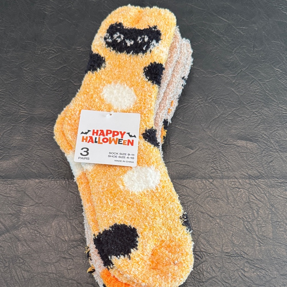 Happy Halloween Fuzzy Orange and Black Socks - 3 Pairs